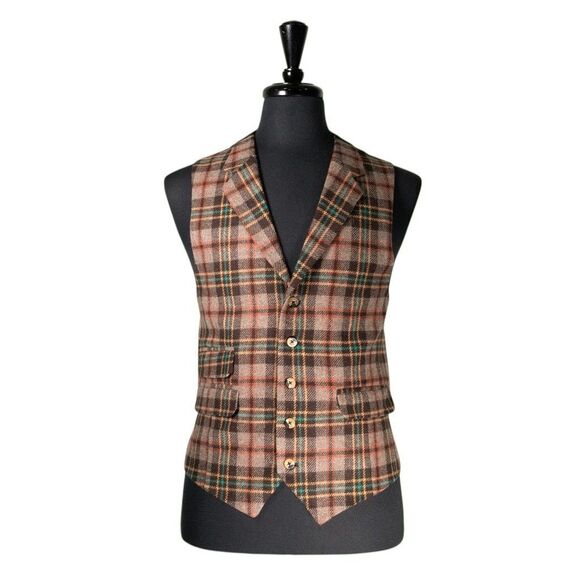 Mens 42R Wool Vest Brown Orange Teal Tartan Plaid Waistcoat Formal Wedding Party - Picture 1 of 10